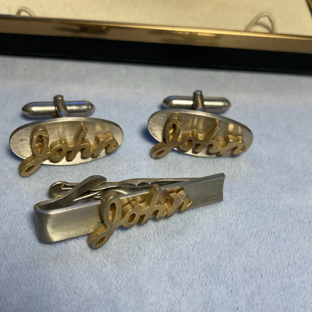 Swank Cufflinks and Tie Clip Set John gold silver